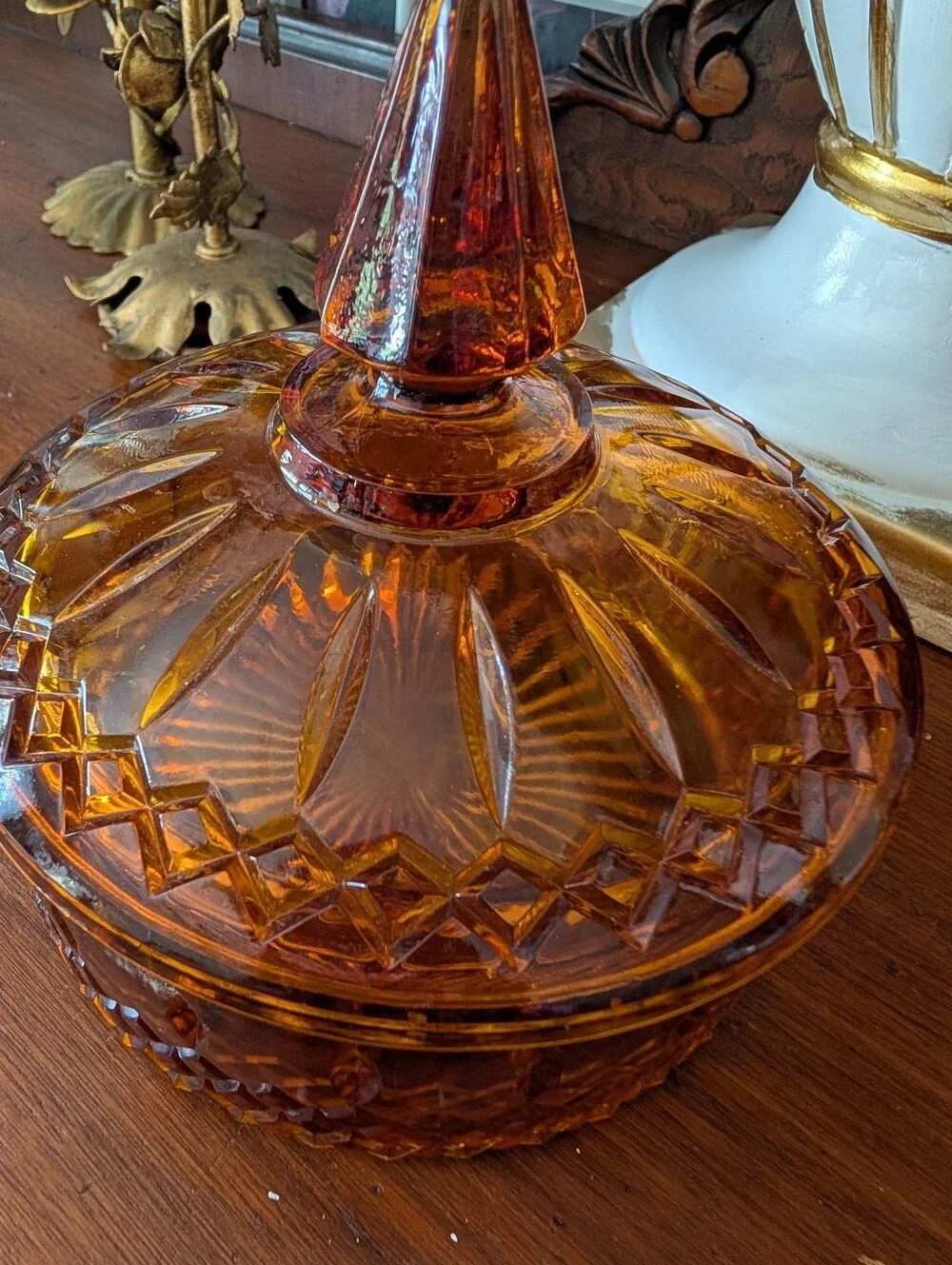 Vintage Indiana Glass Amber Lidded Candy Dish and Lid Princess Pattern 6
